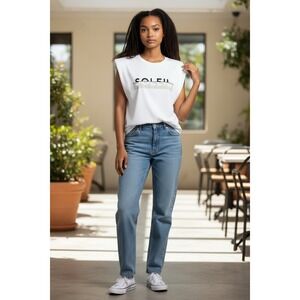 Maria Filo Womens Soleil Graphic Muscle Tee Padded Shoulder White Sleeveless P